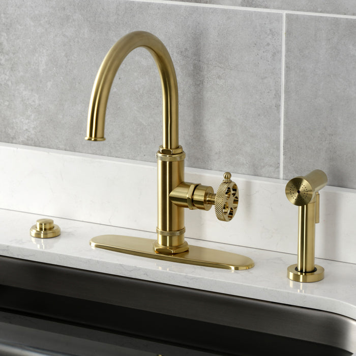 Webb KS2437RKX Single-Handle 1-Hole Deck Mount Kitchen Faucet with Knurled Handle and Brass Side Sprayer, Brushed Brass