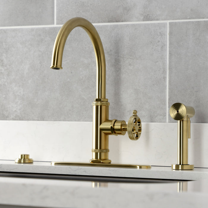 Webb KS2437RKX Single-Handle 1-Hole Deck Mount Kitchen Faucet with Knurled Handle and Brass Side Sprayer, Brushed Brass