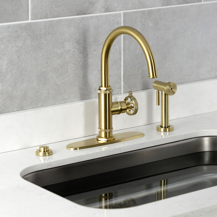 Webb KS2437RKX Single-Handle 1-Hole Deck Mount Kitchen Faucet with Knurled Handle and Brass Side Sprayer, Brushed Brass