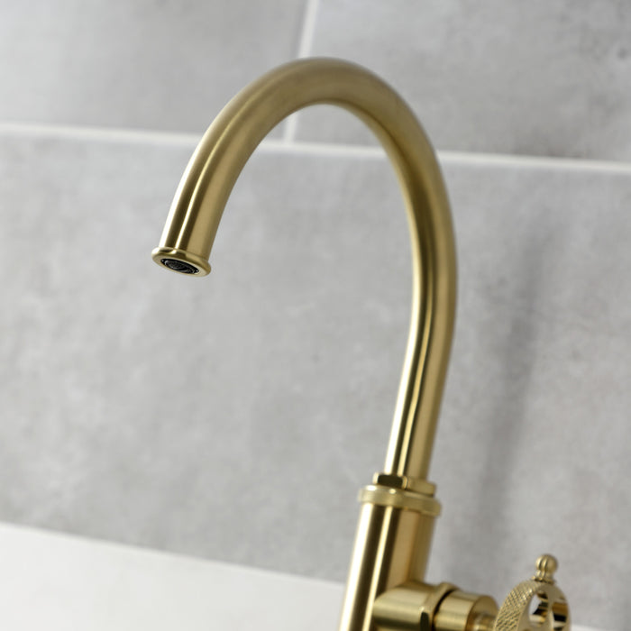 Webb KS2437RKX Single-Handle 1-Hole Deck Mount Kitchen Faucet with Knurled Handle and Brass Side Sprayer, Brushed Brass