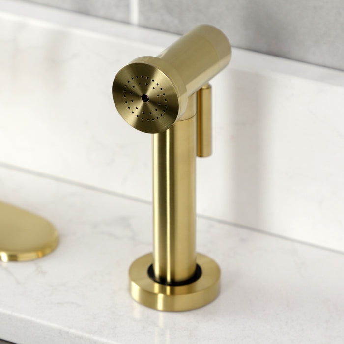 Webb KS2437RKX Single-Handle 1-Hole Deck Mount Kitchen Faucet with Knurled Handle and Brass Side Sprayer, Brushed Brass