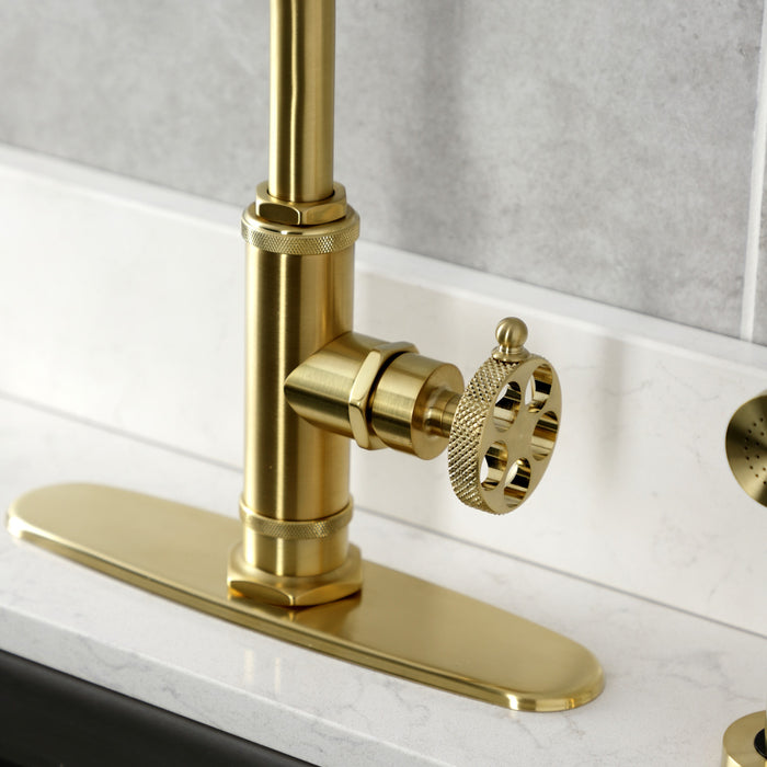Webb KS2437RKX Single-Handle 1-Hole Deck Mount Kitchen Faucet with Knurled Handle and Brass Side Sprayer, Brushed Brass