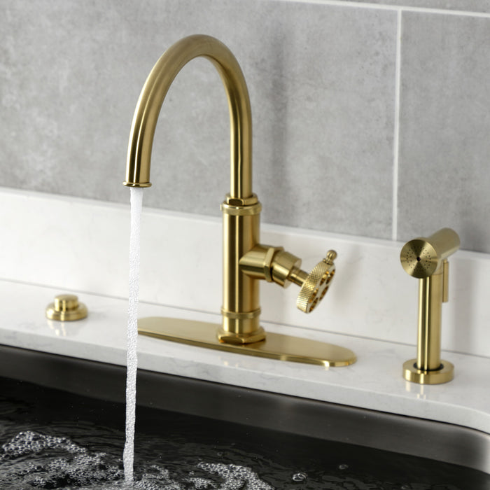 Webb KS2437RKX Single-Handle 1-Hole Deck Mount Kitchen Faucet with Knurled Handle and Brass Side Sprayer, Brushed Brass