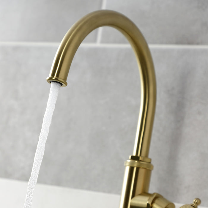 Webb KS2437RKX Single-Handle 1-Hole Deck Mount Kitchen Faucet with Knurled Handle and Brass Side Sprayer, Brushed Brass
