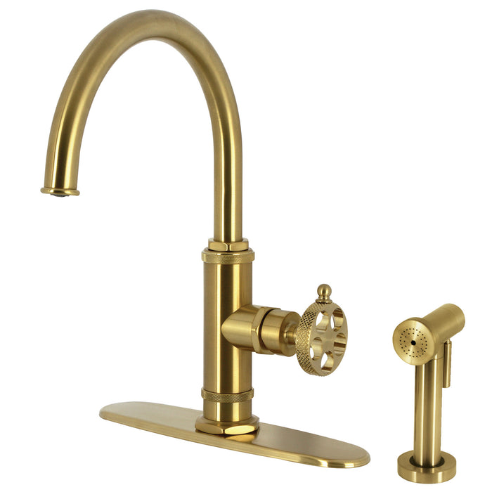 Webb KS2437RKX Single-Handle 1-Hole Deck Mount Kitchen Faucet with Knurled Handle and Brass Side Sprayer, Brushed Brass