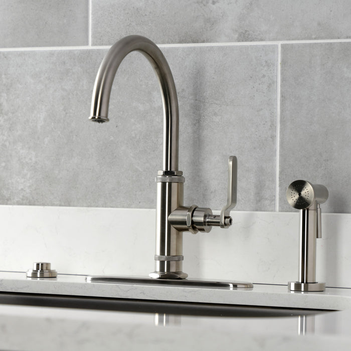 Kingston Sona KS2438KL - Whitaker Single-Handle 2-Hole Deck Mount Kitchen Faucet with Brass Side Sprayer, Brushed Nickel