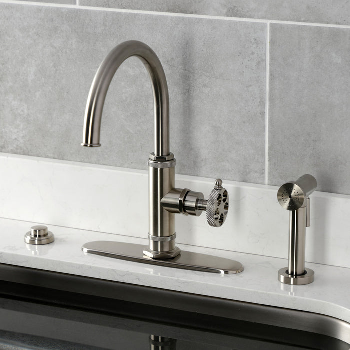 Kingston Sona KS2438RKX - Webb Single-Handle 1-Hole Deck Mount Kitchen Faucet with Knurled Handle and Brass Side Sprayer, Brushed Nickel