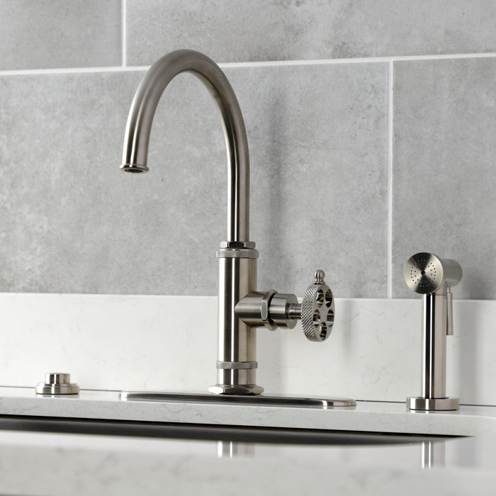 Kingston Sona KS2438RKX - Webb Single-Handle 1-Hole Deck Mount Kitchen Faucet with Knurled Handle and Brass Side Sprayer, Brushed Nickel