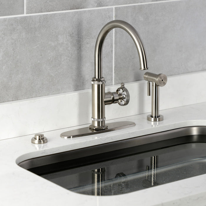 Kingston Sona KS2438RKX - Webb Single-Handle 1-Hole Deck Mount Kitchen Faucet with Knurled Handle and Brass Side Sprayer, Brushed Nickel