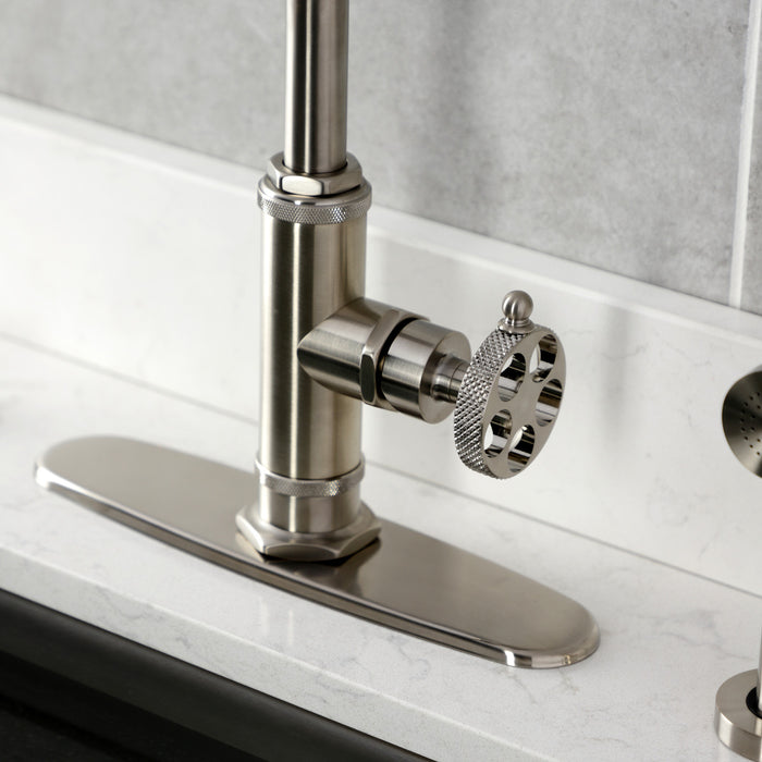 Kingston Sona KS2438RKX - Webb Single-Handle 1-Hole Deck Mount Kitchen Faucet with Knurled Handle and Brass Side Sprayer, Brushed Nickel