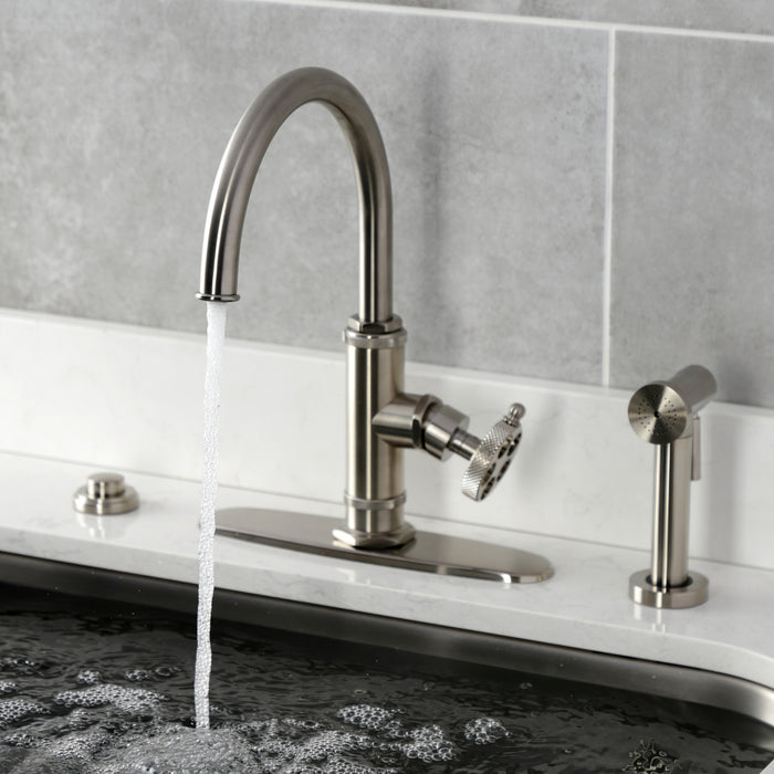 Kingston Sona KS2438RKX - Webb Single-Handle 1-Hole Deck Mount Kitchen Faucet with Knurled Handle and Brass Side Sprayer, Brushed Nickel