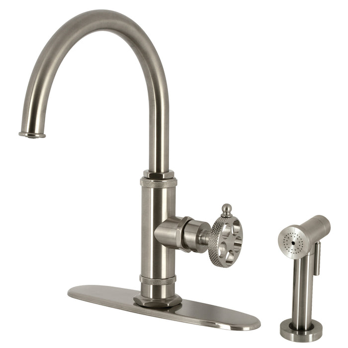 Kingston Sona KS2438RKX - Webb Single-Handle 1-Hole Deck Mount Kitchen Faucet with Knurled Handle and Brass Side Sprayer, Brushed Nickel