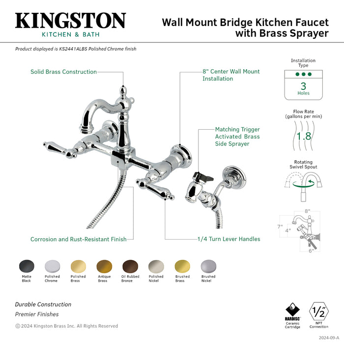 Kingston Heirloom KS2440ALBS - Heritage Two-Handle 3-Hole Wall Mount Bridge Kitchen Faucet with Brass Sprayer, Matte Black