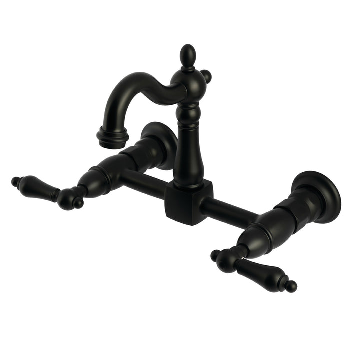 Kingston Heirloom KS2440AL - Heritage Two-Handle 2-Hole Wall Mount Bridge Kitchen Faucet, Matte Black