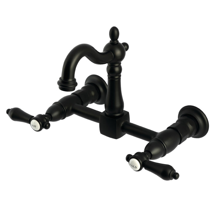 Kingston Heirloom KS2440BAL - Heirloom Two-Handle 2-Hole Wall Mount Bridge Kitchen Faucet, Matte Black