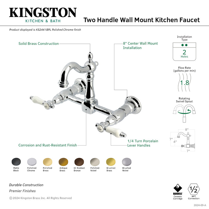 Kingston Heirloom KS2440BPL - Bel-Air Two-Handle 2-Hole Wall Mount Bridge Kitchen Faucet, Matte Black