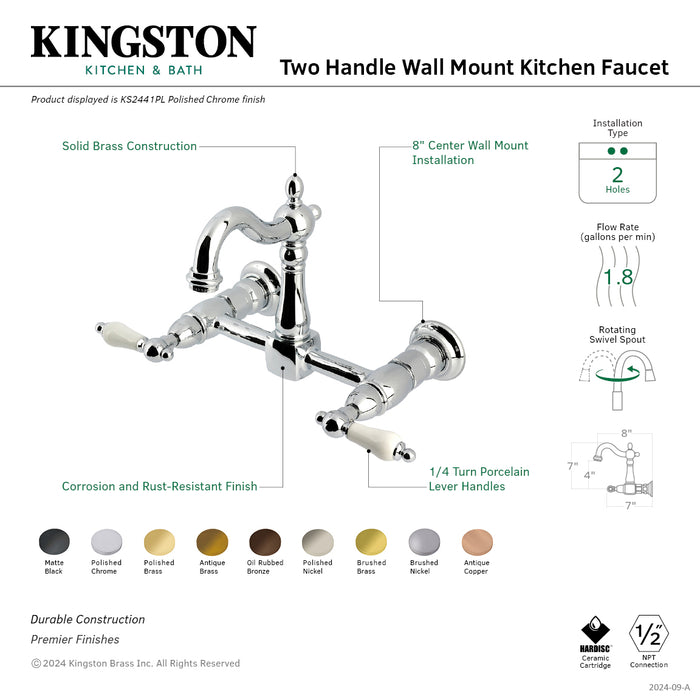 Kingston Heirloom KS2440PL - Heritage Two-Handle 2-Hole Wall Mount Bridge Kitchen Faucet, Matte Black