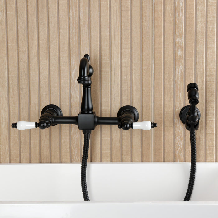 Kingston Heirloom KS2440PLBS - Heritage Two-Handle 3-Hole Wall Mount Bridge Kitchen Faucet with Brass Sprayer, Matte Black