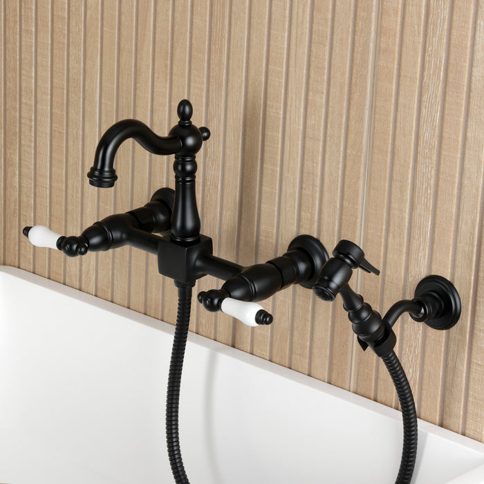 Kingston Heirloom KS2440PLBS - Heritage Two-Handle 3-Hole Wall Mount Bridge Kitchen Faucet with Brass Sprayer, Matte Black