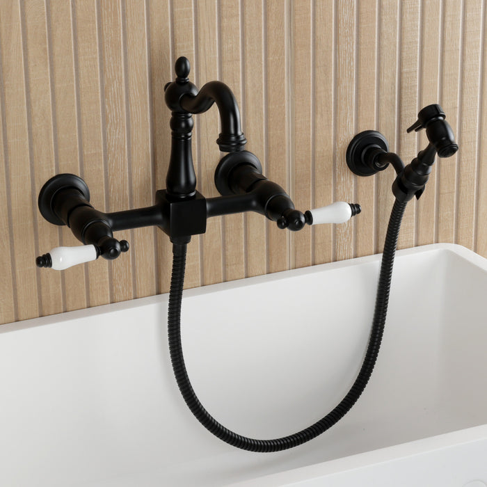 Kingston Heirloom KS2440PLBS - Heritage Two-Handle 3-Hole Wall Mount Bridge Kitchen Faucet with Brass Sprayer, Matte Black