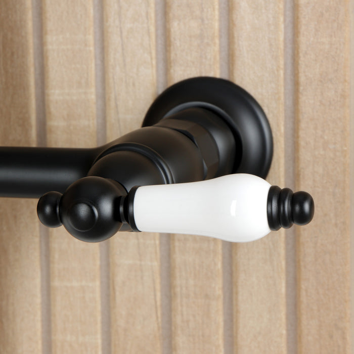 Kingston Heirloom KS2440PLBS - Heritage Two-Handle 3-Hole Wall Mount Bridge Kitchen Faucet with Brass Sprayer, Matte Black