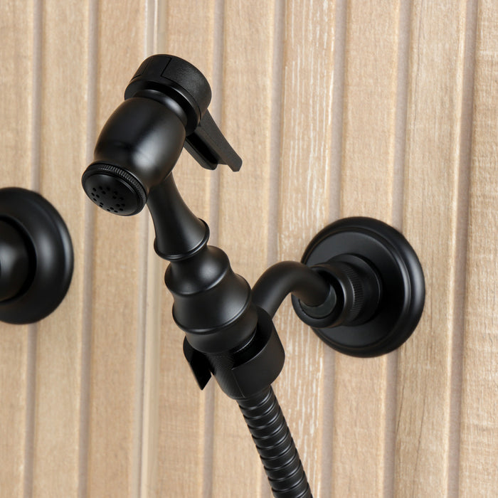 Kingston Heirloom KS2440PLBS - Heritage Two-Handle 3-Hole Wall Mount Bridge Kitchen Faucet with Brass Sprayer, Matte Black