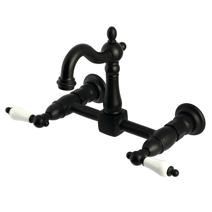 Kingston Heirloom KS2440PL - Heritage Two-Handle 2-Hole Wall Mount Bridge Kitchen Faucet, Matte Black