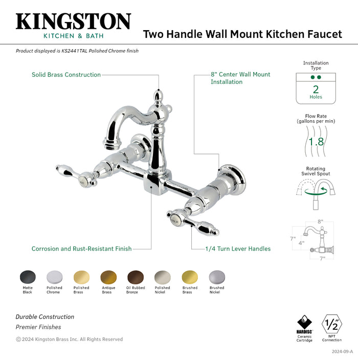 Kingston Heirloom KS2440TAL - Tudor Two-Handle 2-Hole Wall Mount Bridge Kitchen Faucet, Matte Black