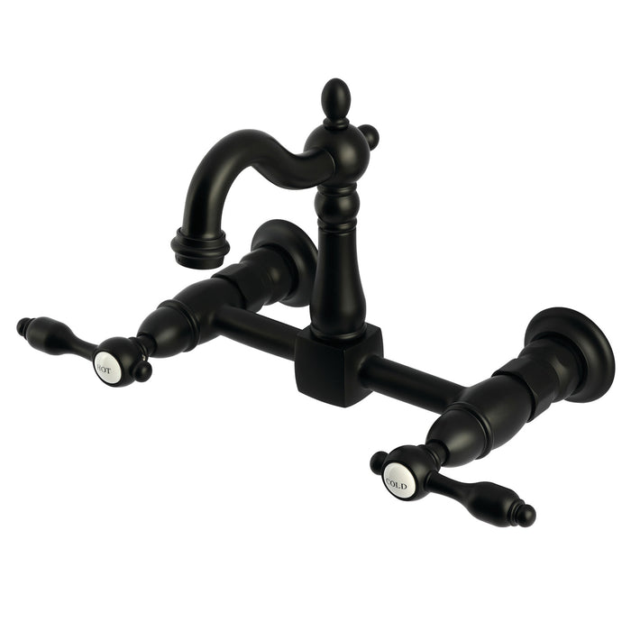 Kingston Heirloom KS2440TAL - Tudor Two-Handle 2-Hole Wall Mount Bridge Kitchen Faucet, Matte Black