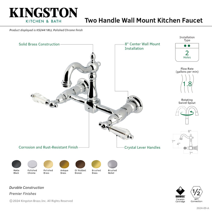 Kingston Heirloom KS2440WLL - Willshire Two-Handle Wall Mount Bridge Kitchen Faucet, Matte Black