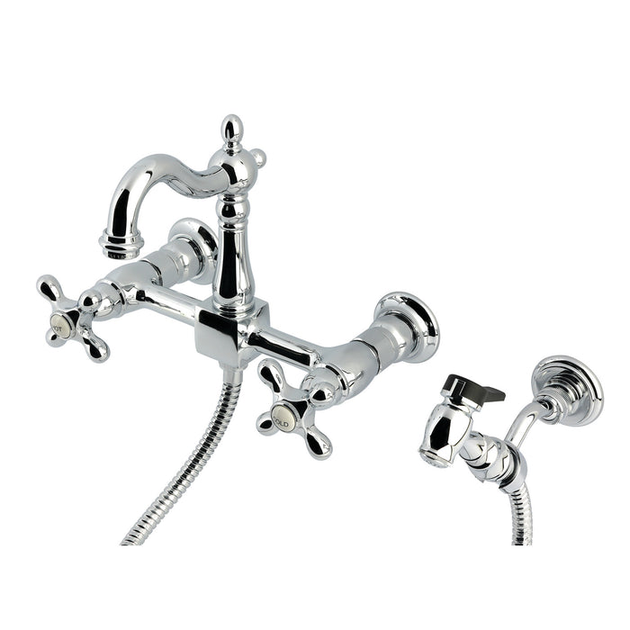 Kingston Heirloom KS2441AXBS - Heritage Two-Handle 3-Hole Wall Mount Bridge Kitchen Faucet with Brass Sprayer, Polished Chrome