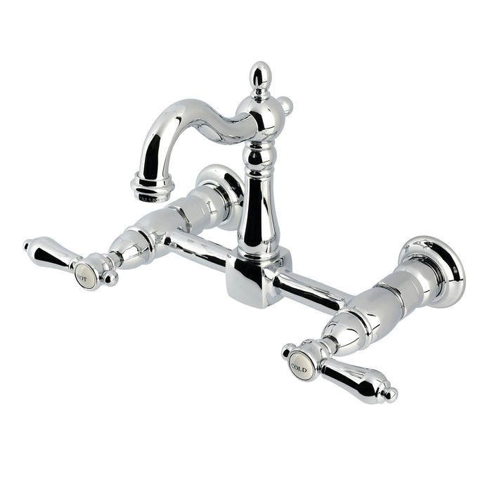 Kingston Heirloom KS2441BAL - Heirloom Two-Handle 2-Hole Wall Mount Bridge Kitchen Faucet, Polished Chrome