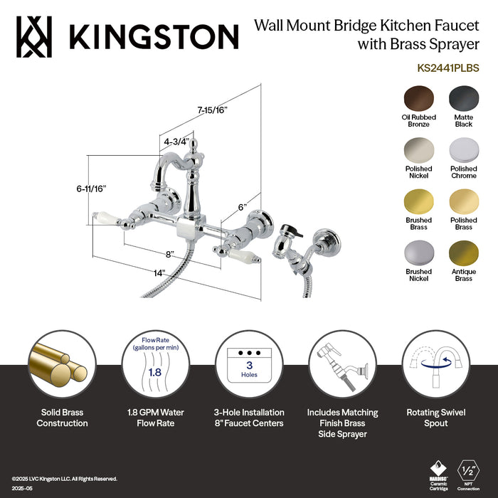 Kingston Heirloom KS2441PLBS - Heritage Two-Handle 3-Hole Wall Mount Bridge Kitchen Faucet with Brass Sprayer, Polished Chrome