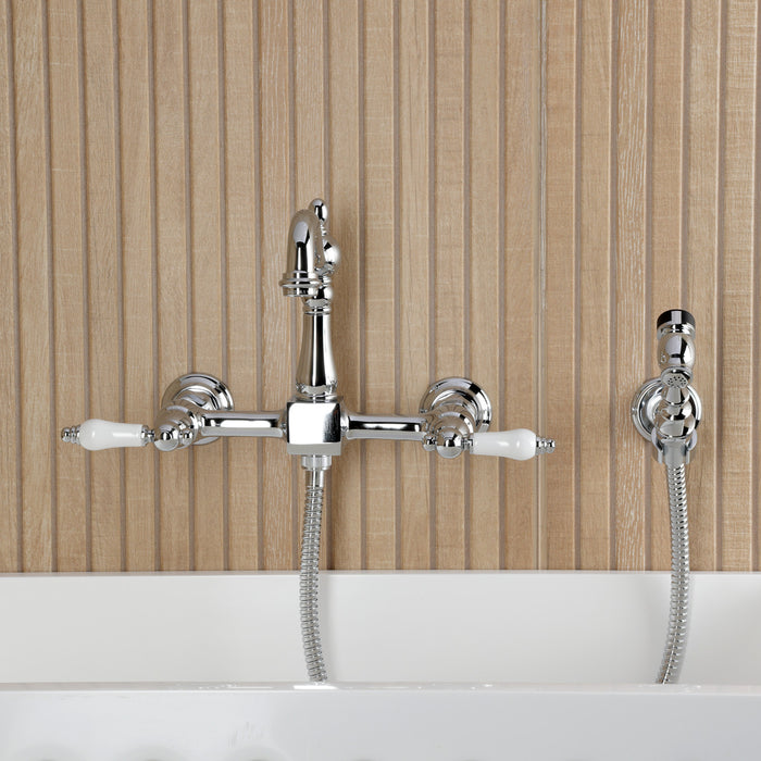 Kingston Heirloom KS2441PLBS - Heritage Two-Handle 3-Hole Wall Mount Bridge Kitchen Faucet with Brass Sprayer, Polished Chrome