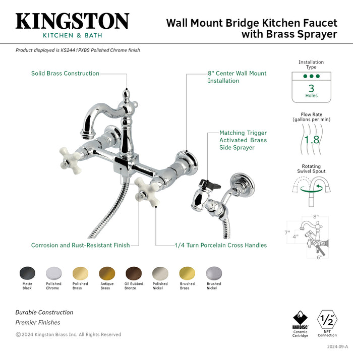 Kingston Heirloom KS2441PXBS - Heritage Two-Handle 3-Hole Wall Mount Bridge Kitchen Faucet with Brass Sprayer, Polished Chrome