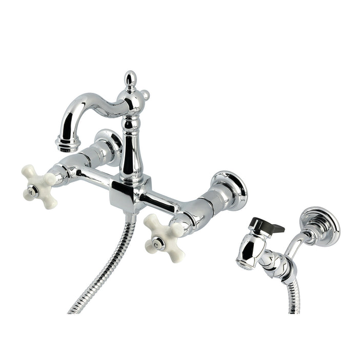 Kingston Heirloom KS2441PXBS - Heritage Two-Handle 3-Hole Wall Mount Bridge Kitchen Faucet with Brass Sprayer, Polished Chrome