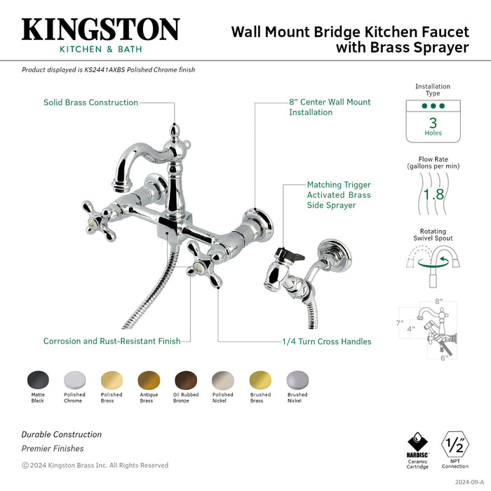 Kingston Heirloom KS2442AXBS - Heritage Two-Handle 3-Hole Wall Mount Bridge Kitchen Faucet with Brass Sprayer, Polished Brass