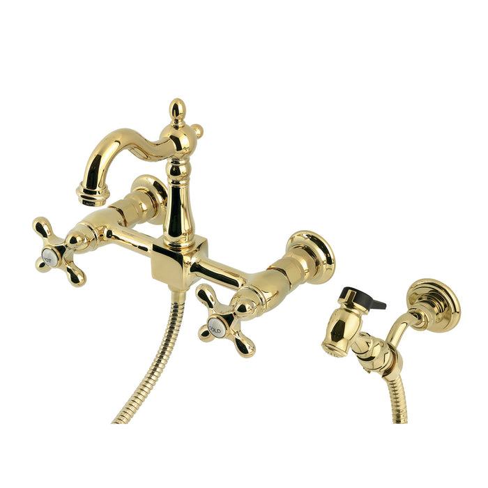 Kingston Heirloom KS2442AXBS - Heritage Two-Handle 3-Hole Wall Mount Bridge Kitchen Faucet with Brass Sprayer, Polished Brass