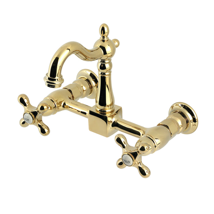 Kingston Heirloom KS2442AX - Heritage Two-Handle 2-Hole Wall Mount Bridge Kitchen Faucet, Polished Brass