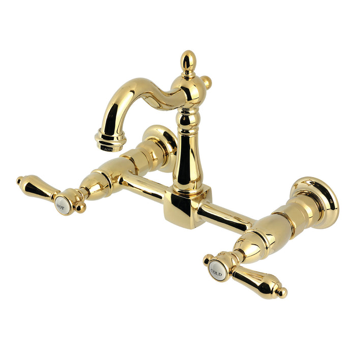 Kingston Heirloom KS2442BAL - Heirloom Two-Handle 2-Hole Wall Mount Bridge Kitchen Faucet, Polished Brass