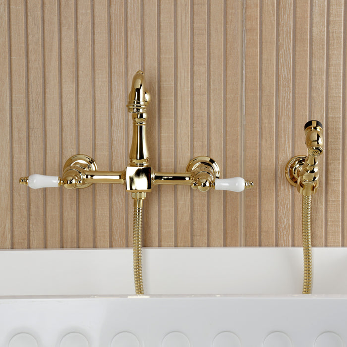 Kingston Heirloom KS2442PLBS - Heritage Two-Handle 3-Hole Wall Mount Bridge Kitchen Faucet with Brass Sprayer, Polished Brass