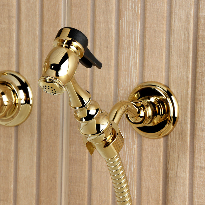 Kingston Heirloom KS2442PLBS - Heritage Two-Handle 3-Hole Wall Mount Bridge Kitchen Faucet with Brass Sprayer, Polished Brass