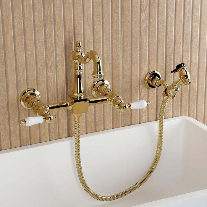 Kingston Heirloom KS2442PLBS - Heritage Two-Handle 3-Hole Wall Mount Bridge Kitchen Faucet with Brass Sprayer, Polished Brass