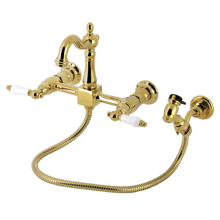 Kingston Heirloom KS2442PLBS - Heritage Two-Handle 3-Hole Wall Mount Bridge Kitchen Faucet with Brass Sprayer, Polished Brass
