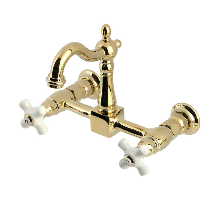 Kingston Heirloom KS2442PX - Heritage Two-Handle 2-Hole Wall Mount Bridge Kitchen Faucet, Polished Brass