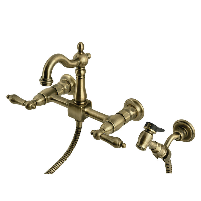 Kingston Heirloom KS2443ALBS - Heritage Two-Handle 3-Hole Wall Mount Bridge Kitchen Faucet with Brass Sprayer, Antique Brass