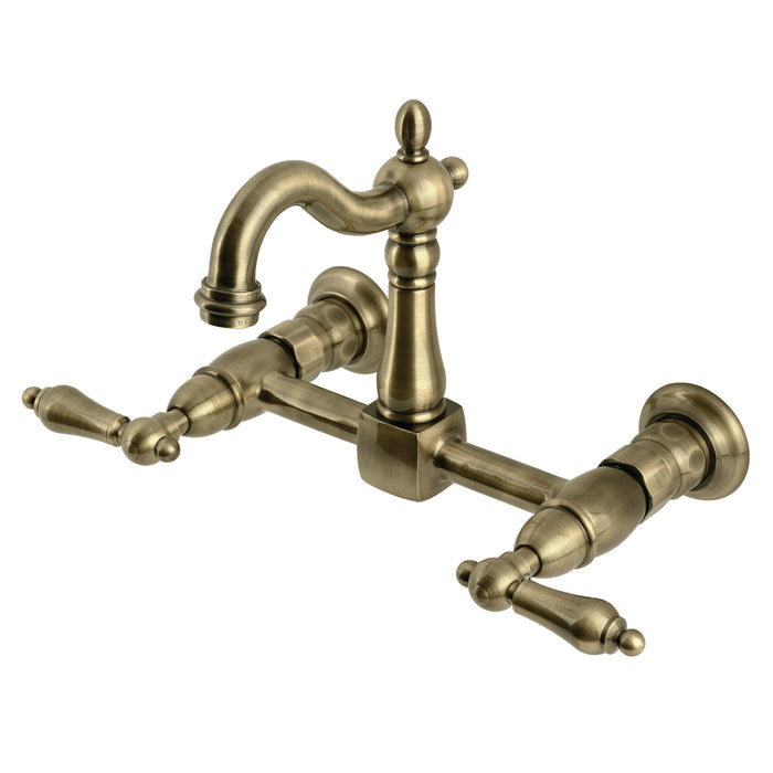 Kingston Heirloom KS2443AL - Heritage Two-Handle 2-Hole Wall Mount Bridge Kitchen Faucet, Antique Brass