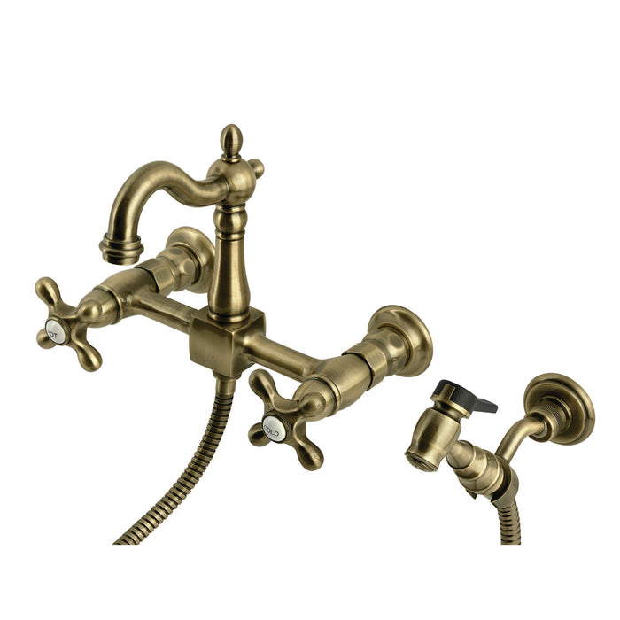 Kingston Heirloom KS2443AXBS - Heritage Two-Handle 3-Hole Wall Mount Bridge Kitchen Faucet with Brass Sprayer, Antique Brass