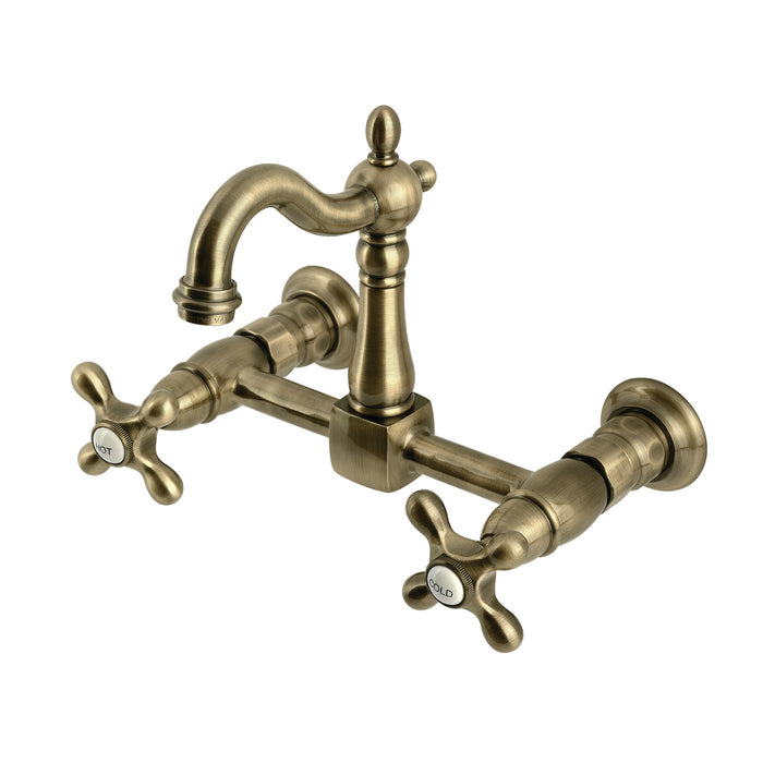 Kingston Heirloom KS2443AX - Heritage Two-Handle 2-Hole Wall Mount Bridge Kitchen Faucet, Antique Brass