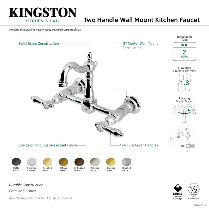 Kingston Heirloom KS2443BAL - Heirloom Two-Handle 2-Hole Wall Mount Bridge Kitchen Faucet, Antique Brass